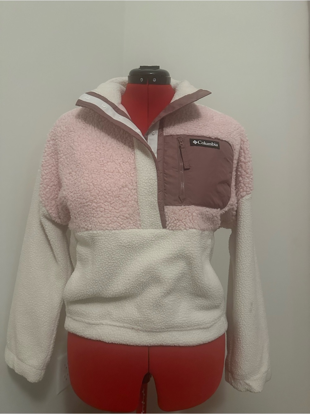 Columbia Women's Two-Tone Sherpa Pullover Jacket in Light Pink and Cream